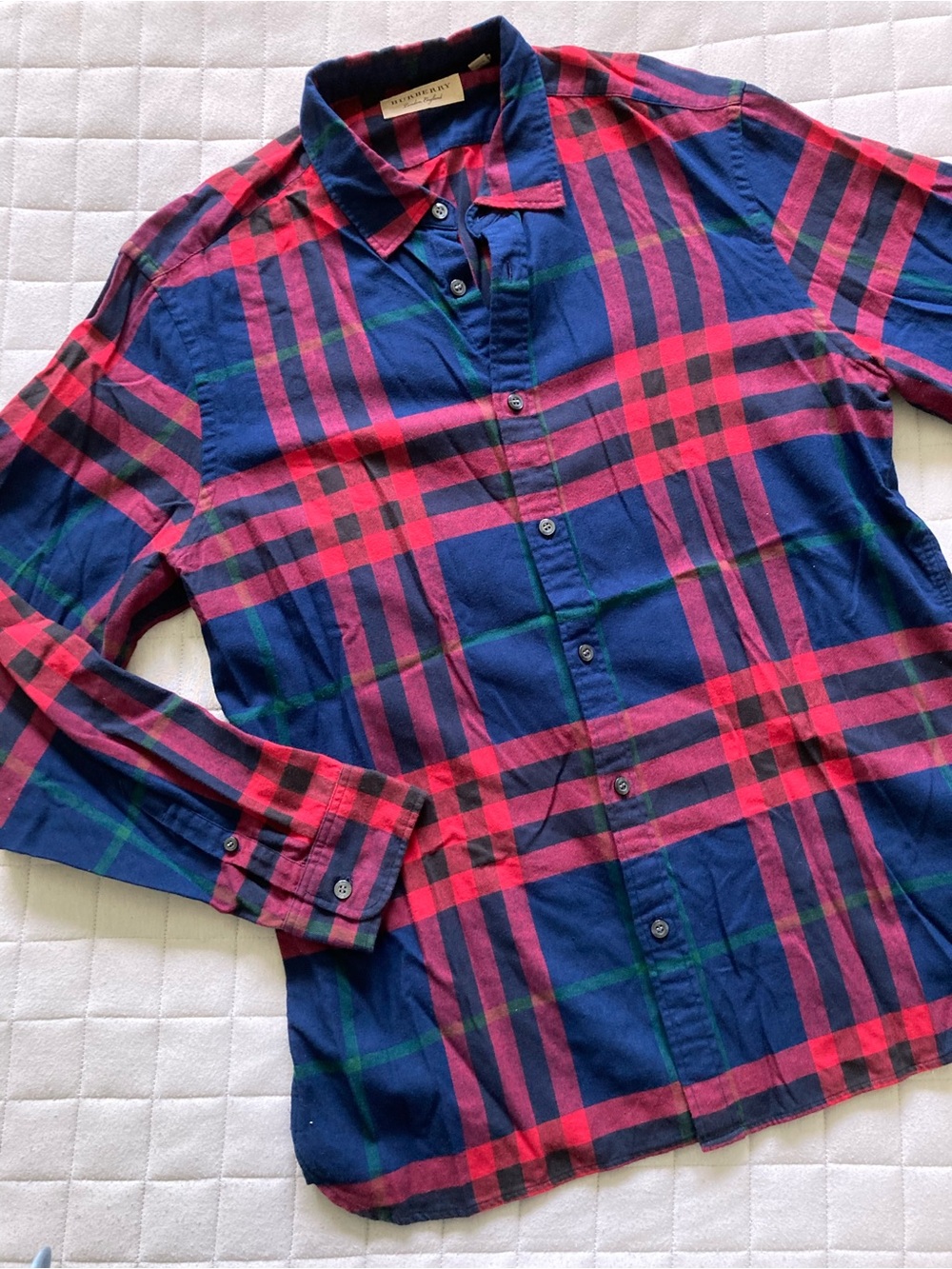 Burberry Men’s Navy, Red & Green Plaid Cotton Button-Down Shirt